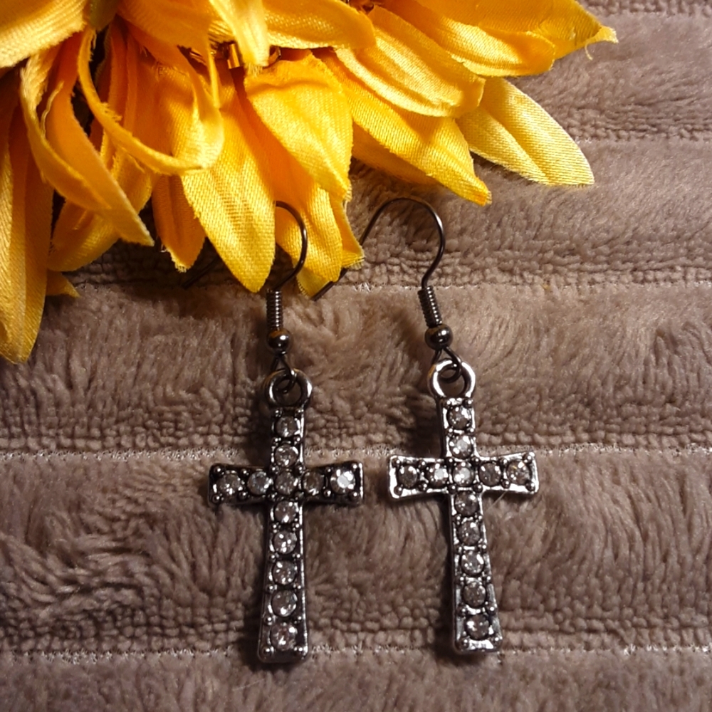 Handmade Rhinestone Cross Earrings  Gun Metal Gray